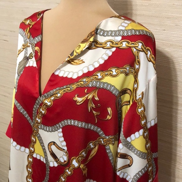 Red Gold Buchona Chain Tassel Print Women's  7/8 Wide Sleeve Lightweight Top L - Picture 2 of 10